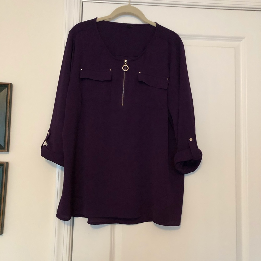 Deep Purple PopOver Blouse W/ Silvertone Zipper XL